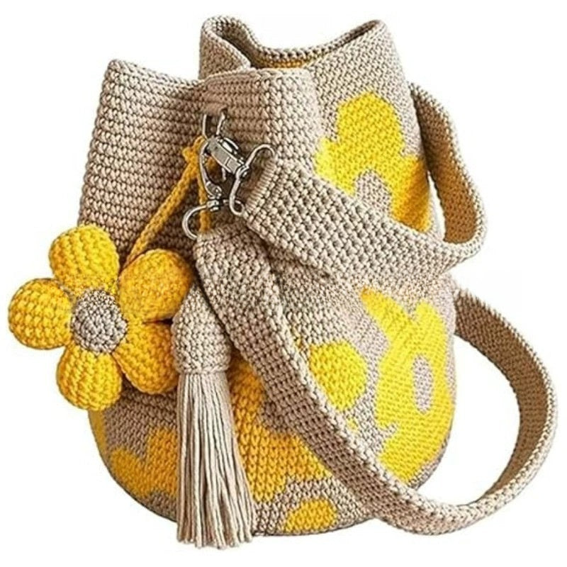 Handmade Crochet Cylinder Bag – Boho Floral Tote with Optional Flower Tassels