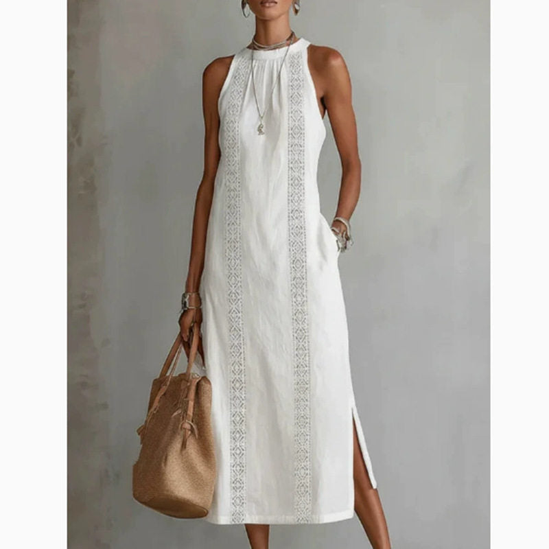 Lace-Detail A-Line Midi Dress – Sleeveless Cotton-Linen Women's Dress