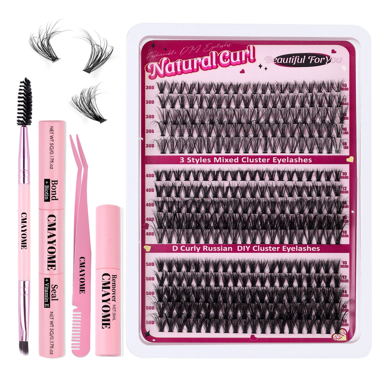 DIY Cluster Lash Extension Kit – D Curl Individual Lashes with Adhesive & Tools