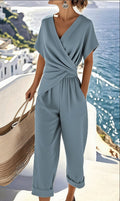 Women's Solid Color Irregular Short Sleeve Top & Cropped Pants Set