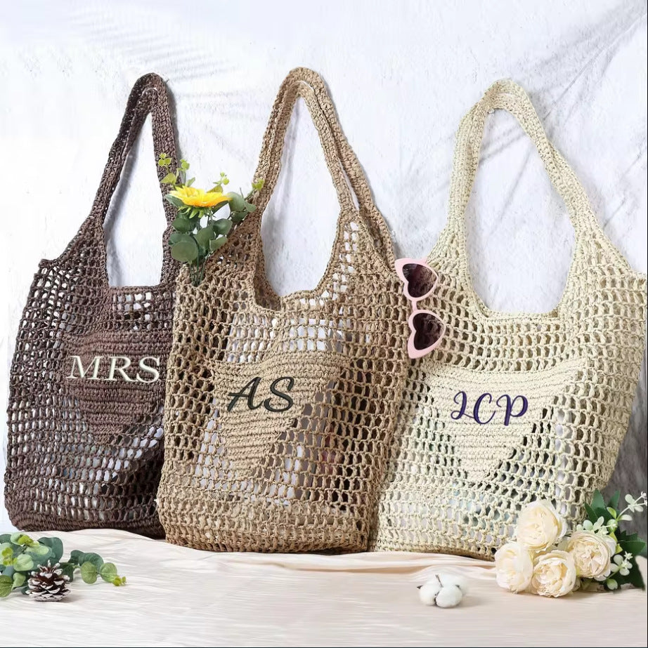 Personalized Embroidered Raffia Straw Tote Bag | Custom Monogram Beach Bag – 10 Colors