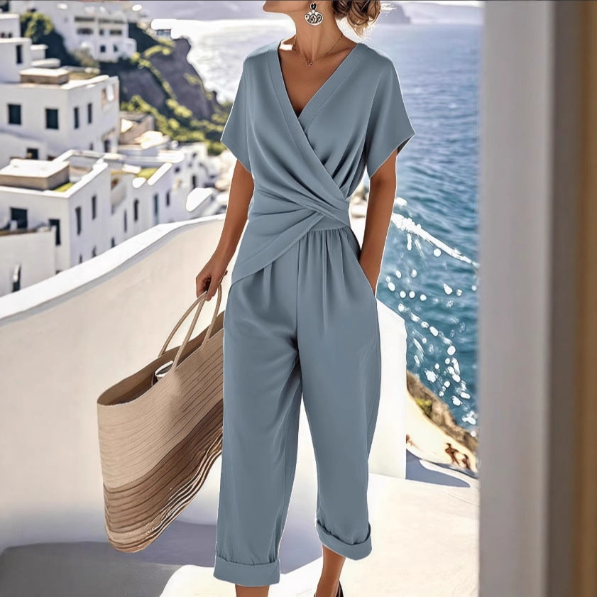 Women's Solid Color Irregular Short Sleeve Top & Cropped Pants Set