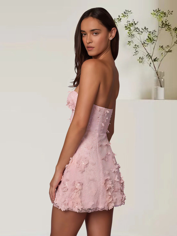 3D Floral Embroidery Strapless Midi Dress | High Waist Pencil Skirt