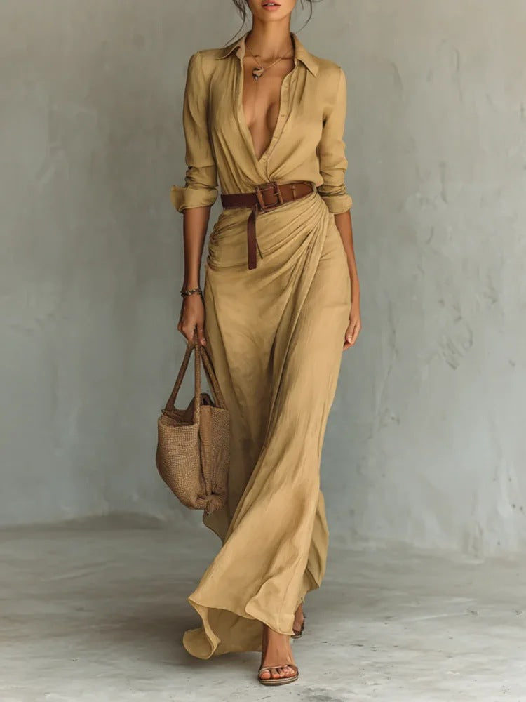 Asymmetric Midi Dress with Belt – Elegant Long-Sleeve Shirt Dress for Women