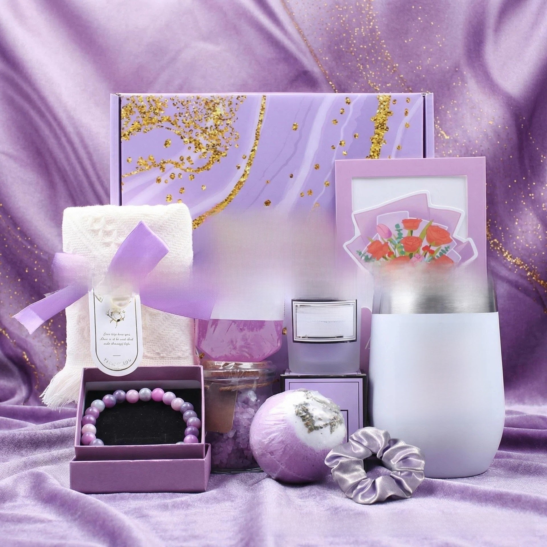 Luxury Spa Gift Basket Set – Pink & Purple Self-Care Gift Box for Women | Birthday, Wedding & Holiday