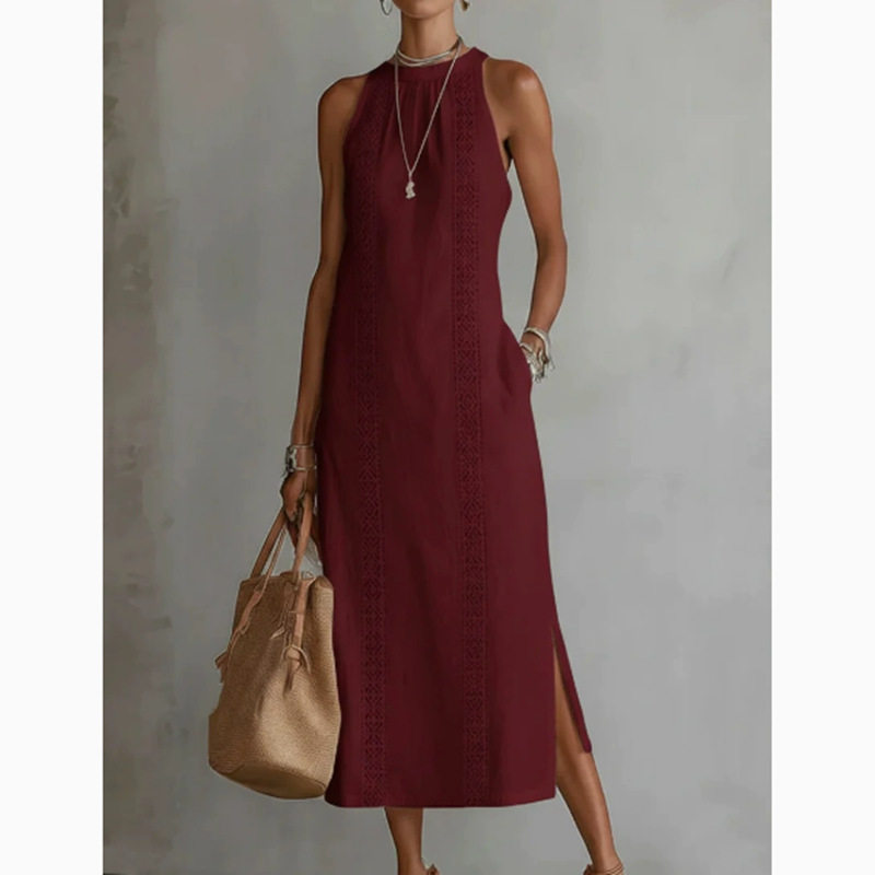 Lace-Detail A-Line Midi Dress – Sleeveless Cotton-Linen Women's Dress