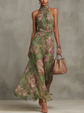 Floral Halter Neck Maxi Dress | Waist-Cinching A-Line Chiffon Dress