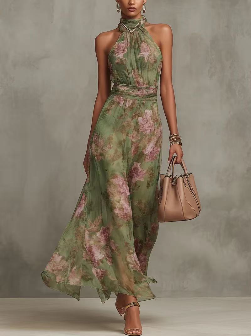 Floral Halter Neck Maxi Dress | Waist-Cinching A-Line Chiffon Dress