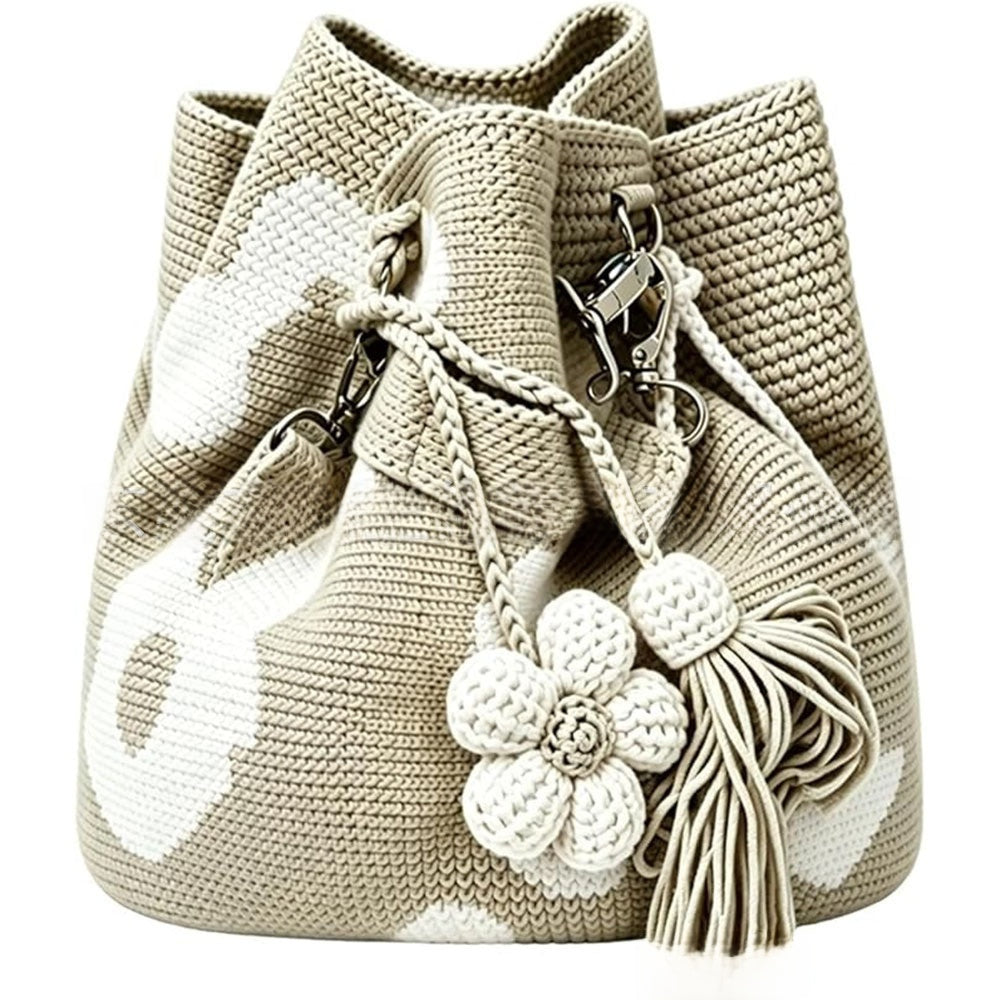 Handmade Crochet Cylinder Bag – Boho Floral Tote with Optional Flower Tassels