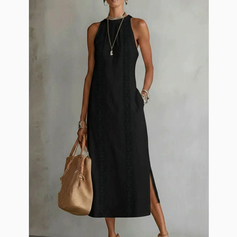Lace-Detail A-Line Midi Dress – Sleeveless Cotton-Linen Women's Dress