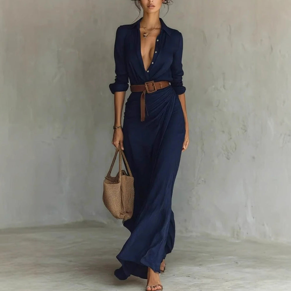 Asymmetric Midi Dress with Belt – Elegant Long-Sleeve Shirt Dress for Women