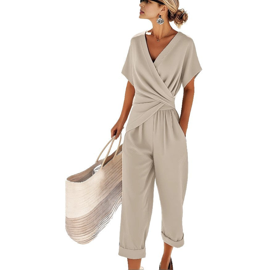 Women's Solid Color Irregular Short Sleeve Top & Cropped Pants Set