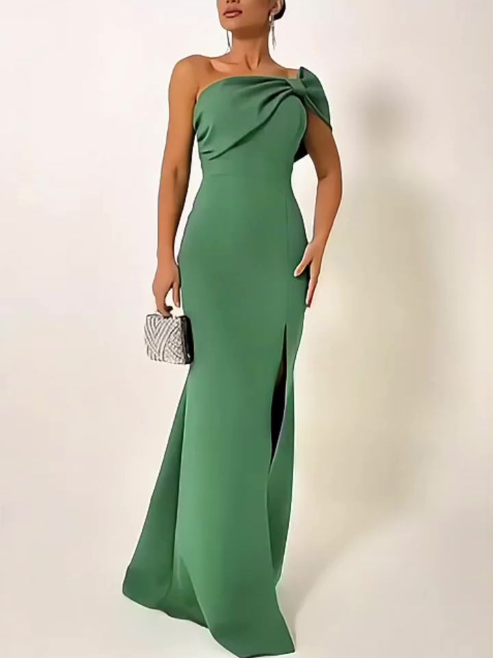 Green Bow Tube Top Maxi Evening Dress – Elegant Slim Fit Party Gown