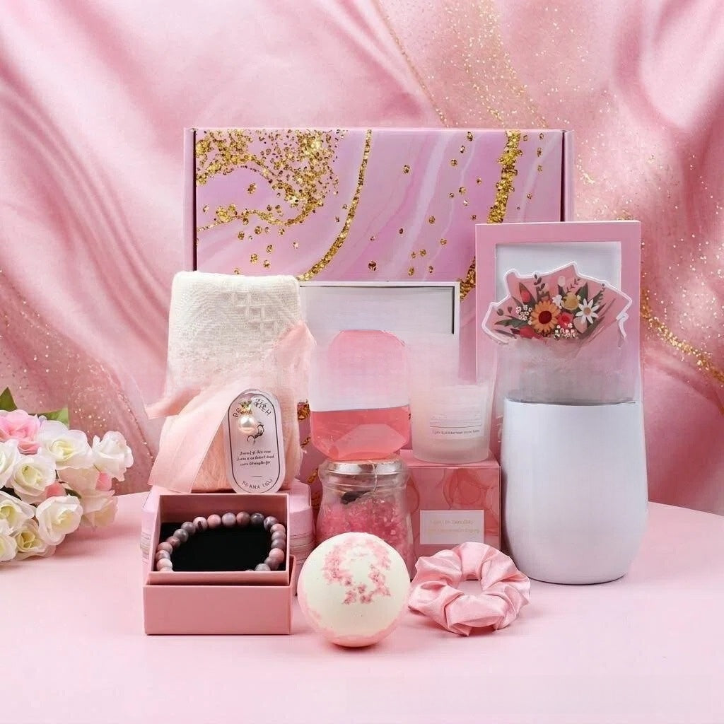 Luxury Spa Gift Basket Set – Pink & Purple Self-Care Gift Box for Women | Birthday, Wedding & Holiday