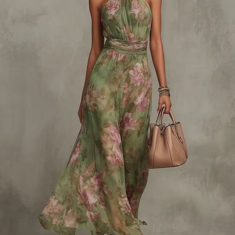 Floral Halter Neck Maxi Dress | Waist-Cinching A-Line Chiffon Dress
