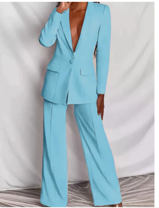 Women's Stretch Pantsuit Set | Long Sleeve Blazer & Wide-Leg Trousers