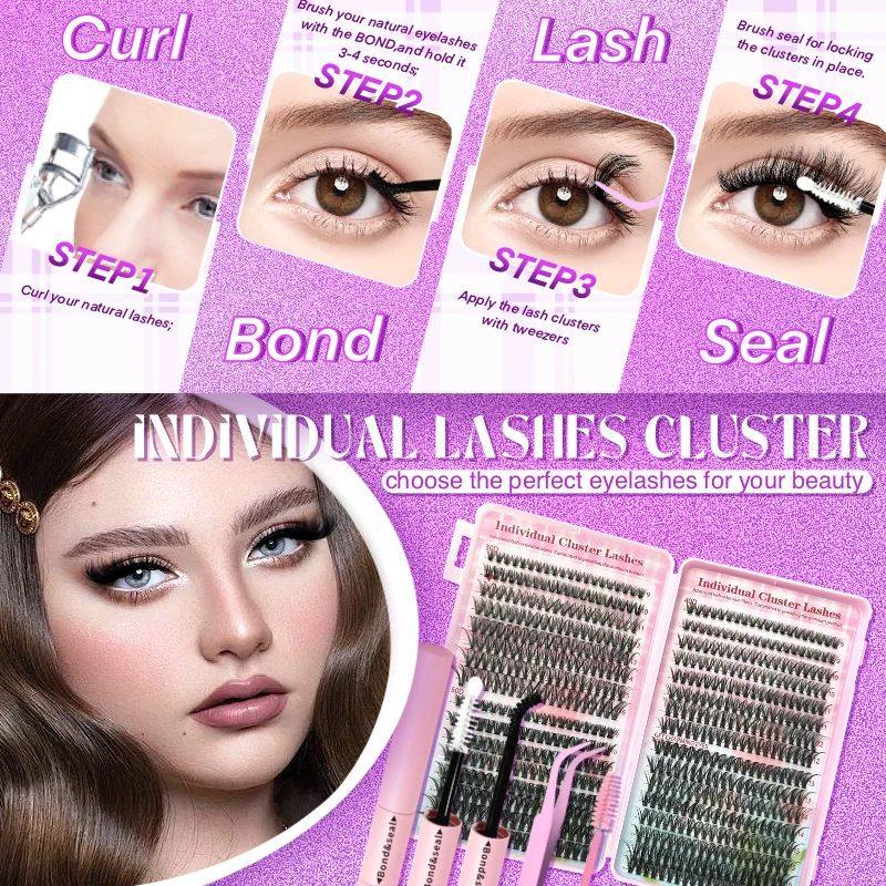 DIY Cluster Lash Extension Kit – D Curl Individual Lashes with Adhesive & Tools