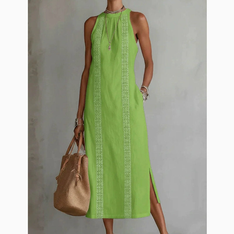 Lace-Detail A-Line Midi Dress – Sleeveless Cotton-Linen Women's Dress