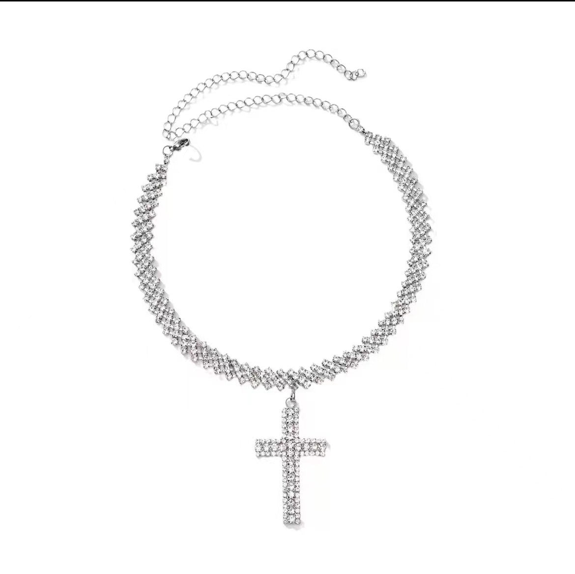 Silver Rhinestone Cross Choker Necklace – Adjustable U-Shape Bamboo Chain for Women