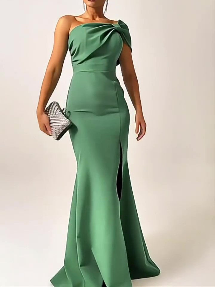 Green Bow Tube Top Maxi Evening Dress – Elegant Slim Fit Party Gown