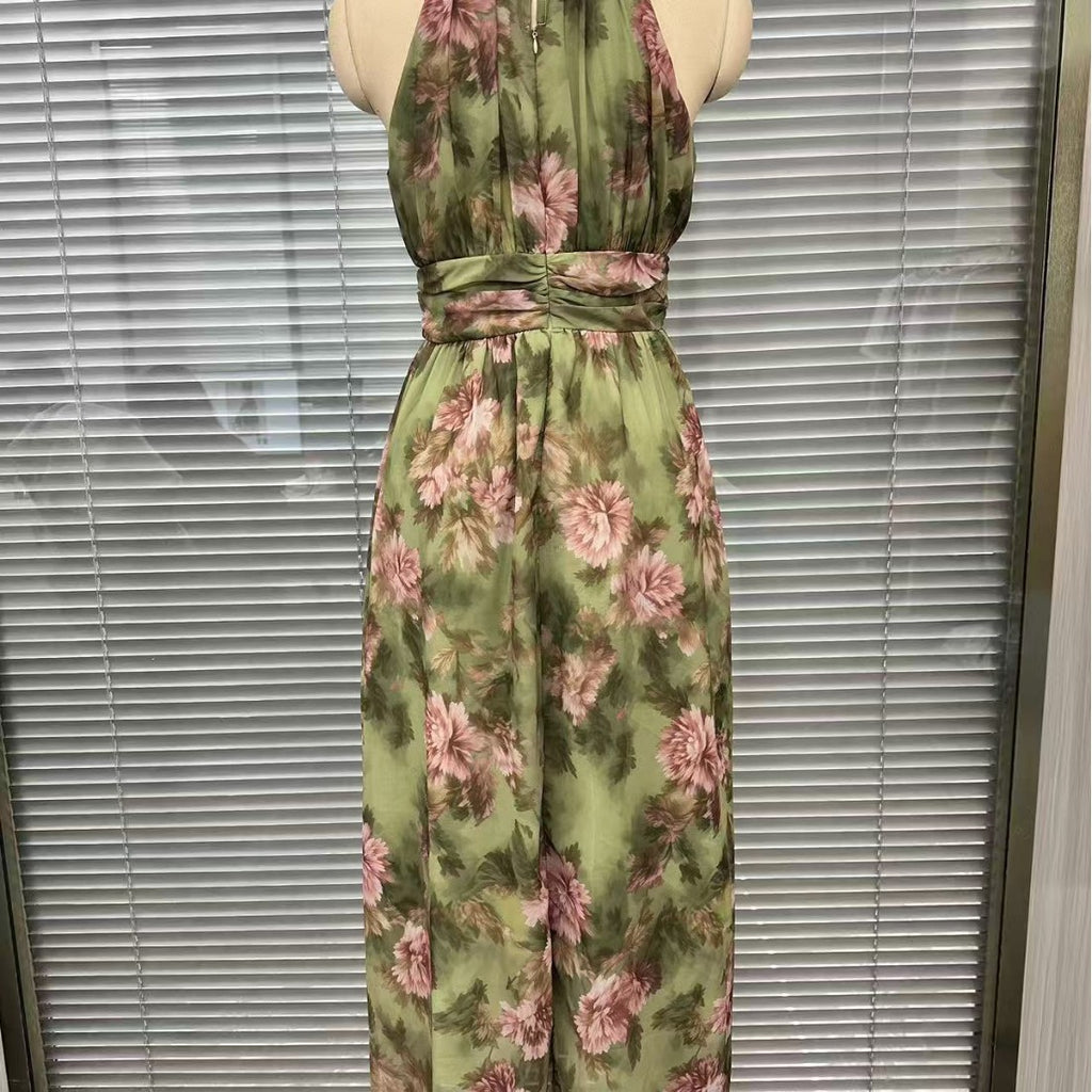 Floral Halter Neck Maxi Dress | Waist-Cinching A-Line Chiffon Dress