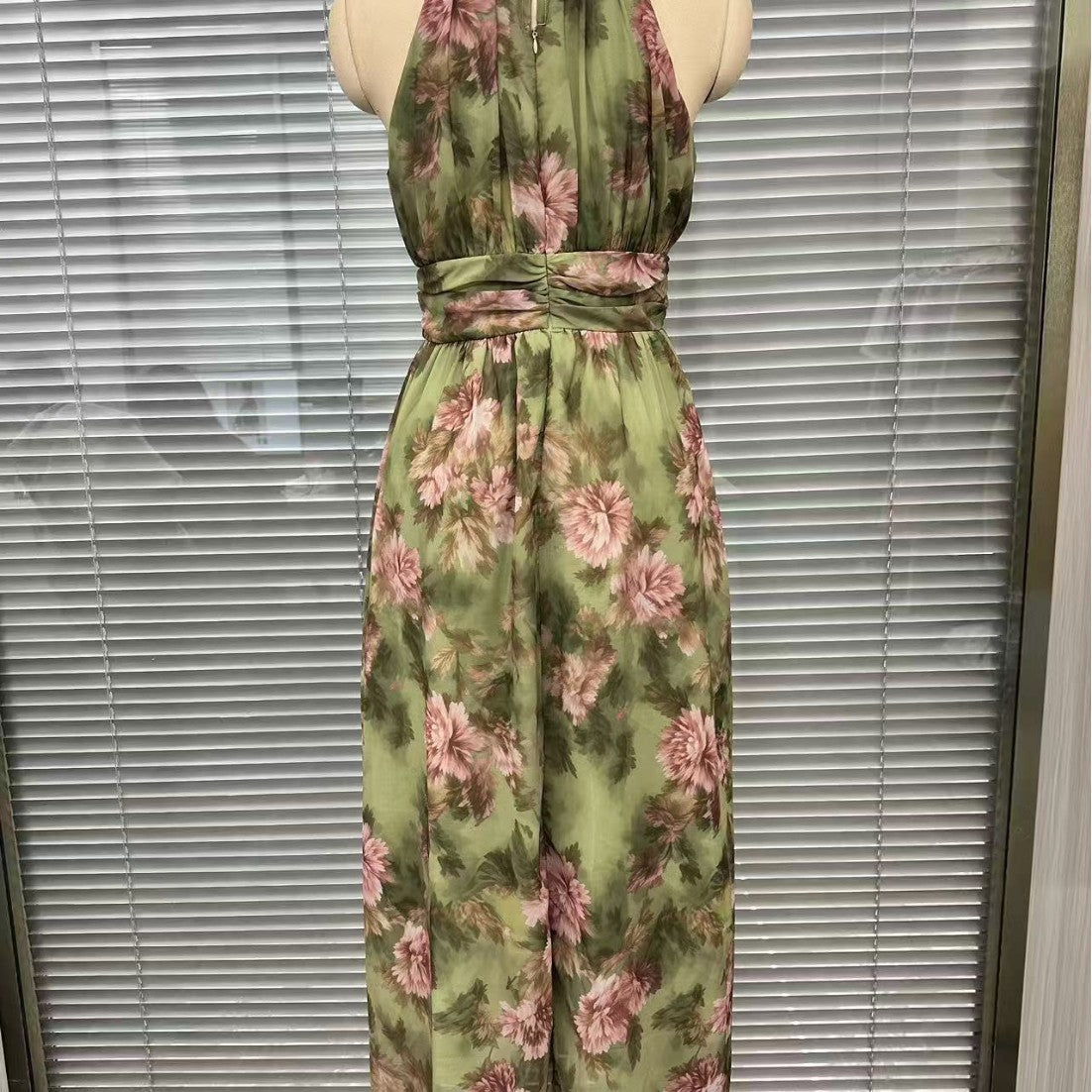 Floral Halter Neck Maxi Dress | Waist-Cinching A-Line Chiffon Dress