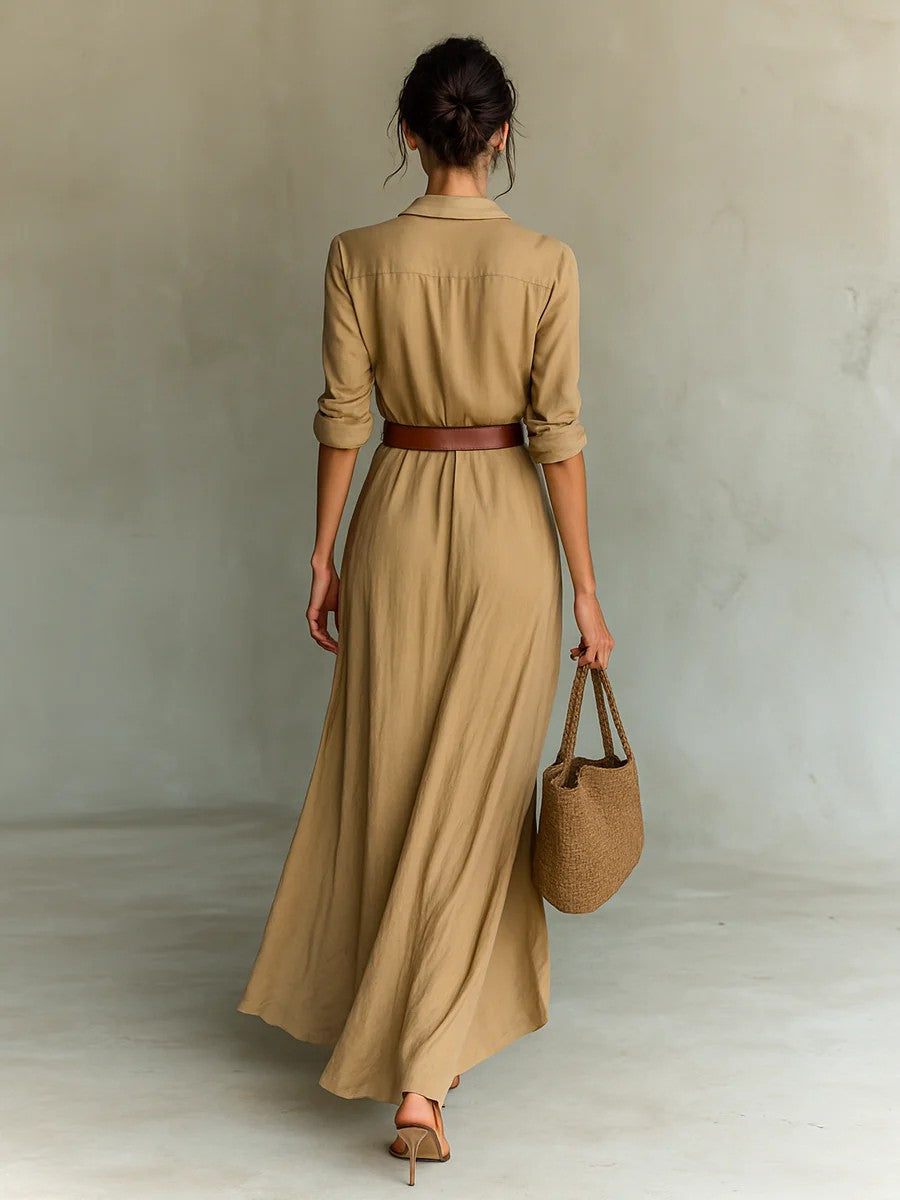 Asymmetric Midi Dress with Belt – Elegant Long-Sleeve Shirt Dress for Women