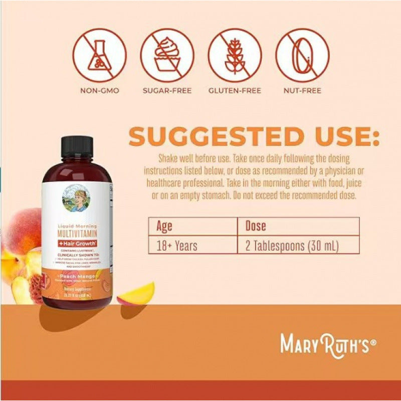 Mary Ruth's  Multivitamin Hair Growth Liquid Drops – Peach Mango Flavor with Plant Essence, 450ml