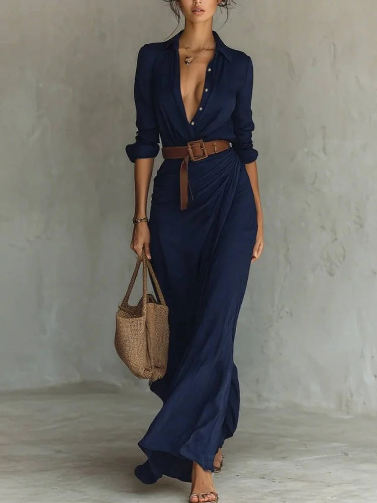 Asymmetric Midi Dress with Belt – Elegant Long-Sleeve Shirt Dress for Women