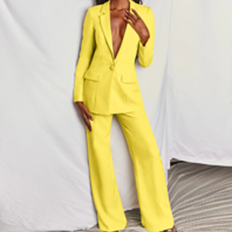 Women's Stretch Pantsuit Set | Long Sleeve Blazer & Wide-Leg Trousers