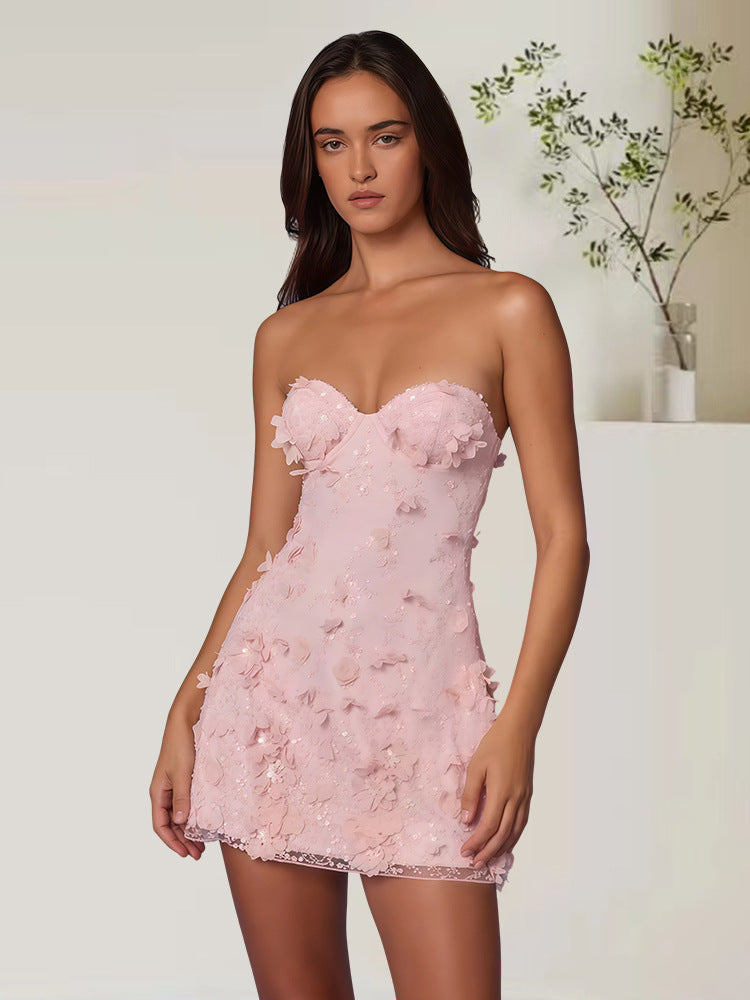 3D Floral Embroidery Strapless Midi Dress | High Waist Pencil Skirt