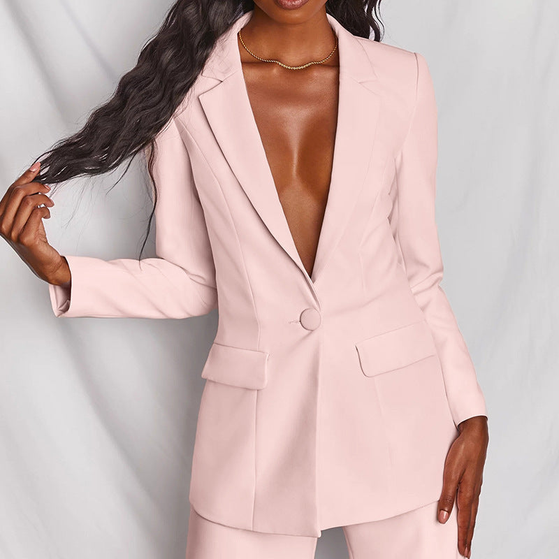 Women's Stretch Pantsuit Set | Long Sleeve Blazer & Wide-Leg Trousers