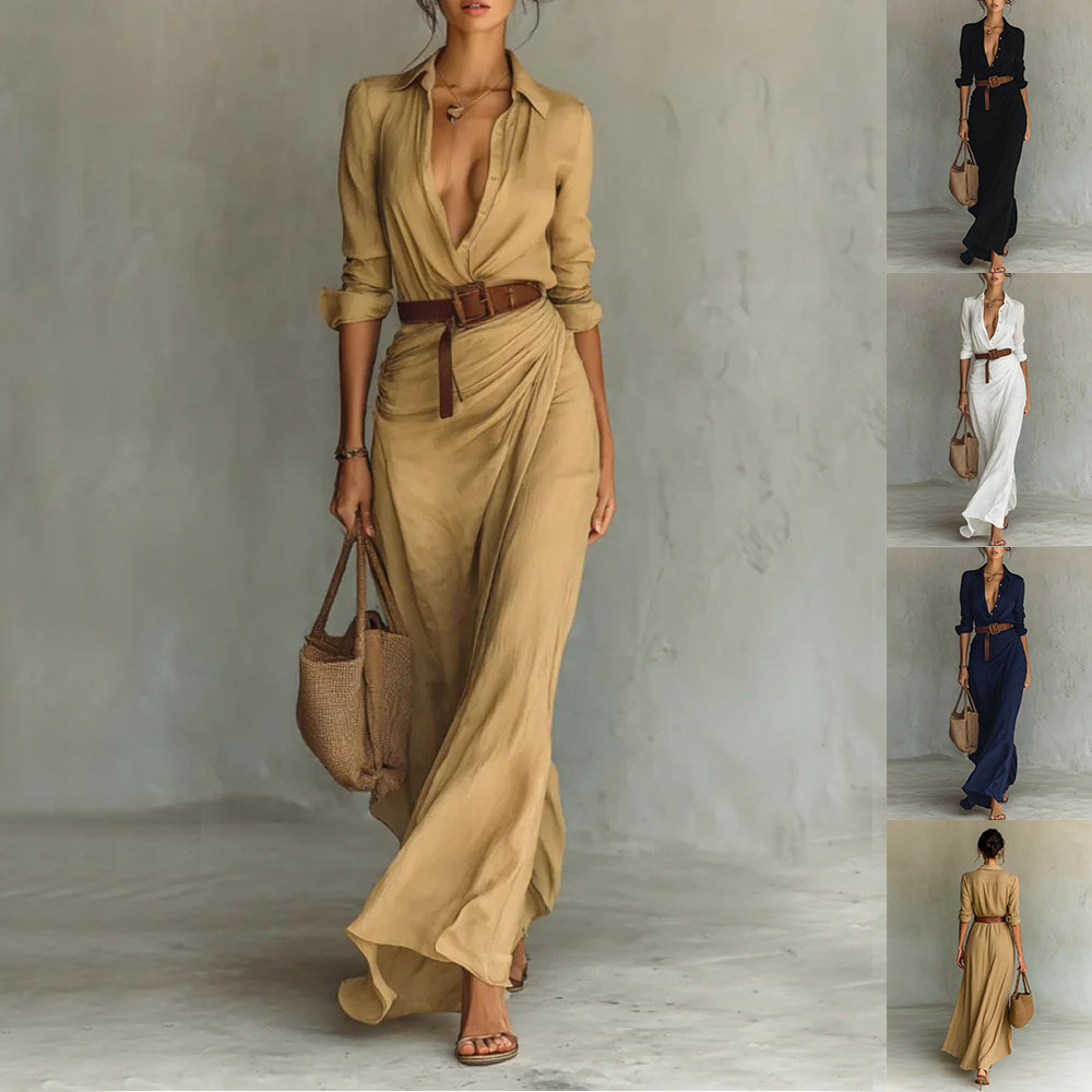 Asymmetric Midi Dress with Belt – Elegant Long-Sleeve Shirt Dress for Women