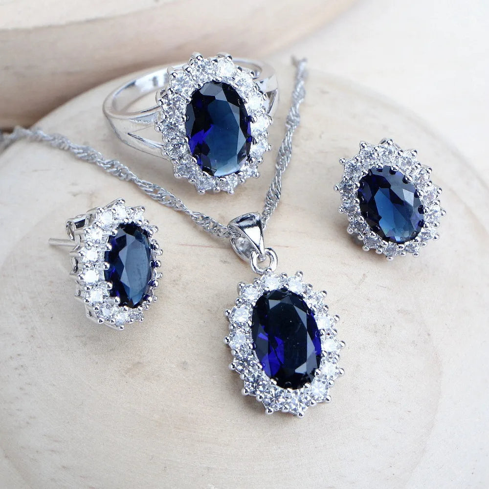 Sterling Silver Zircon Bridal Jewelry Set | Necklace, Earrings, Ring & Bracelet | Free Jewelry Box