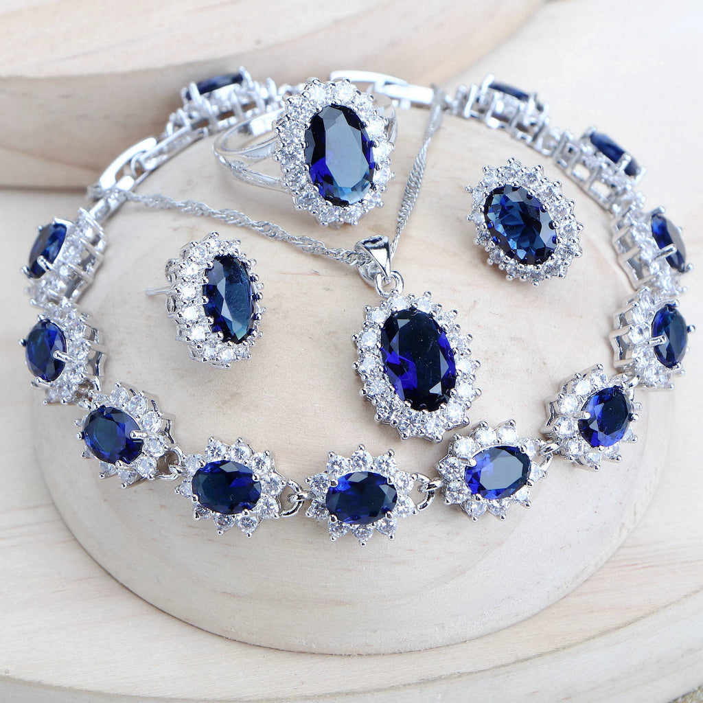 Sterling Silver Zircon Bridal Jewelry Set | Necklace, Earrings, Ring & Bracelet | Free Jewelry Box