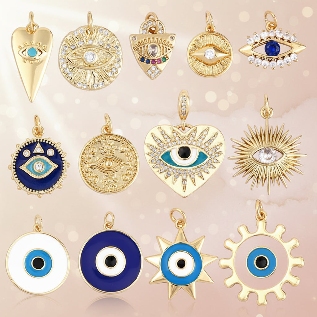 Collection of gold and blue evil eye pendants on a white background

