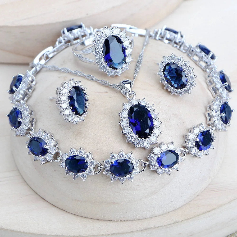 Sterling Silver Zircon Bridal Jewelry Set | Necklace, Earrings, Ring & Bracelet | Free Jewelry Box