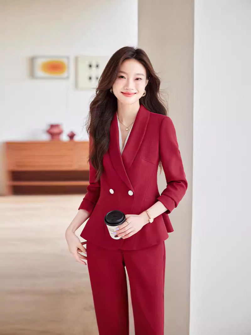Women's Elegant Blazer Suit – Business Wear Jacket & Trousers Set | Black, Red & Apricot | 2024