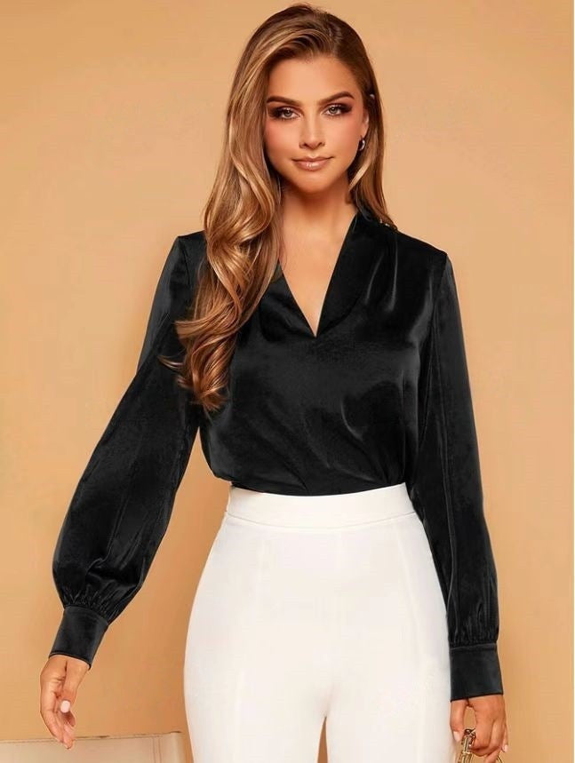 Women's Satin V-Neck Long Sleeve Shirt | Elegant Blouse Top