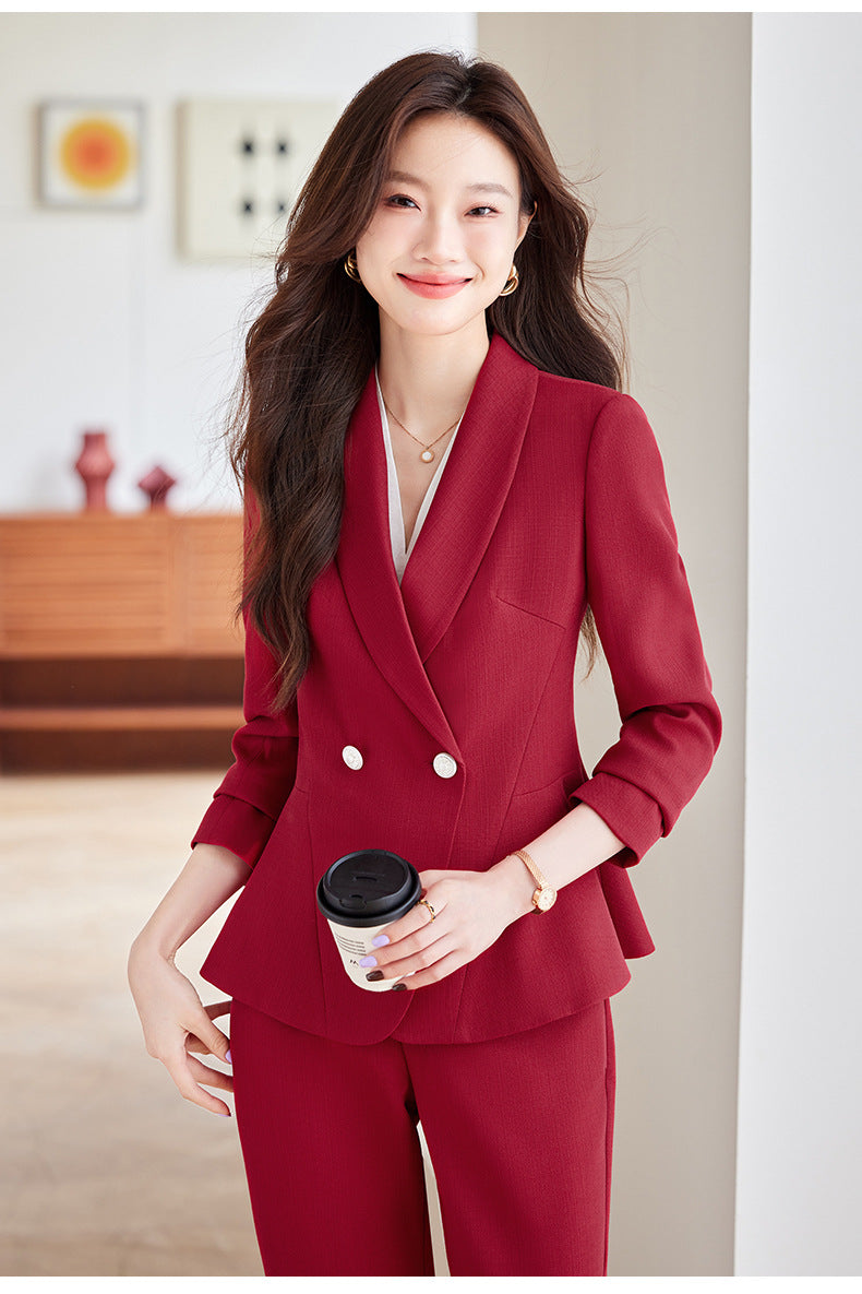Women's Elegant Blazer Suit – Business Wear Jacket & Trousers Set | Black, Red & Apricot | 2024