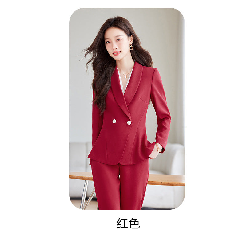 Women's Elegant Blazer Suit – Business Wear Jacket & Trousers Set | Black, Red & Apricot | 2024