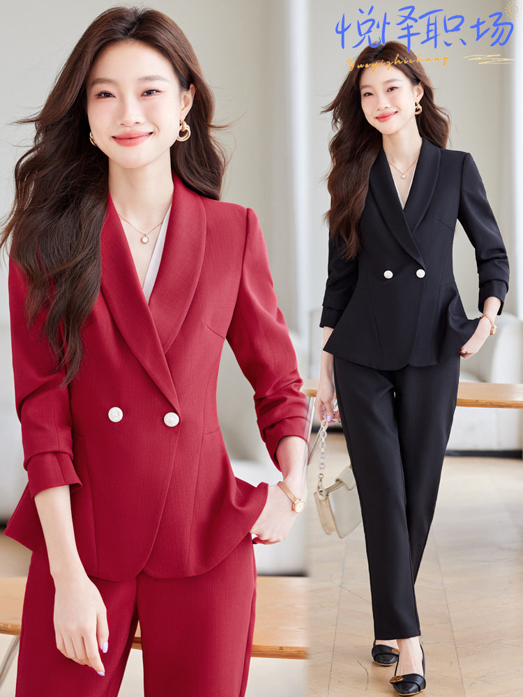Women's Elegant Blazer Suit – Business Wear Jacket & Trousers Set | Black, Red & Apricot | 2024