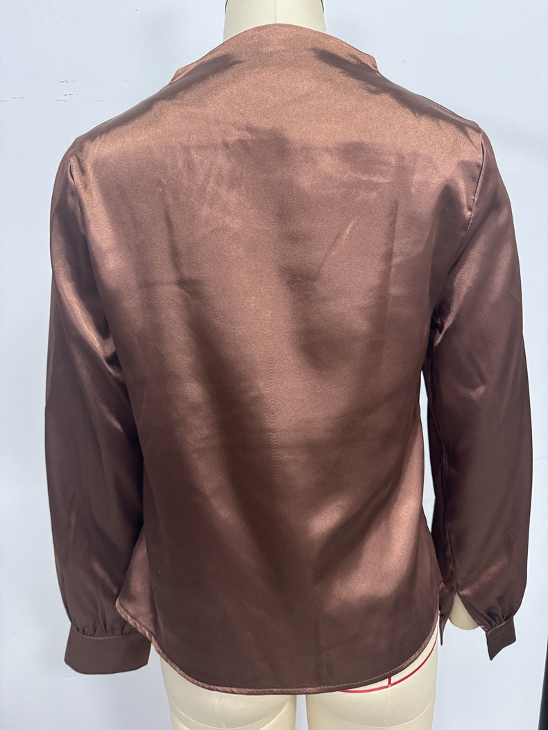 Women's Satin V-Neck Long Sleeve Shirt | Elegant Blouse Top