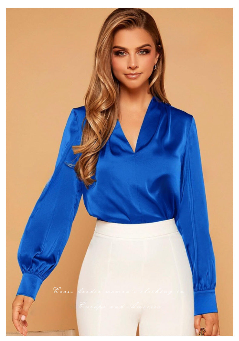 Women's Satin V-Neck Long Sleeve Shirt | Elegant Blouse Top