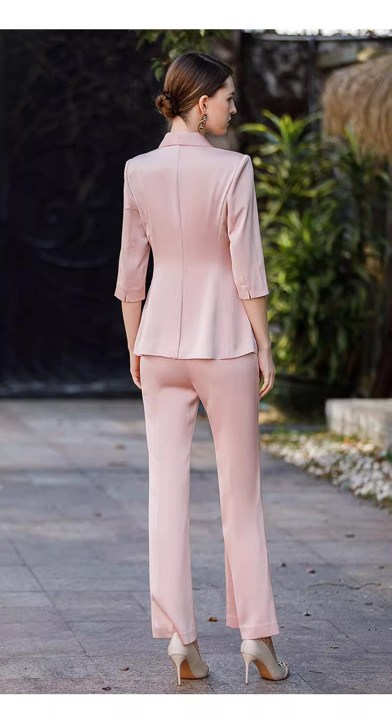 Women's Pink Blazer Suit Set – Elegant Long Sleeve Jacket & Trousers | Professional Wear