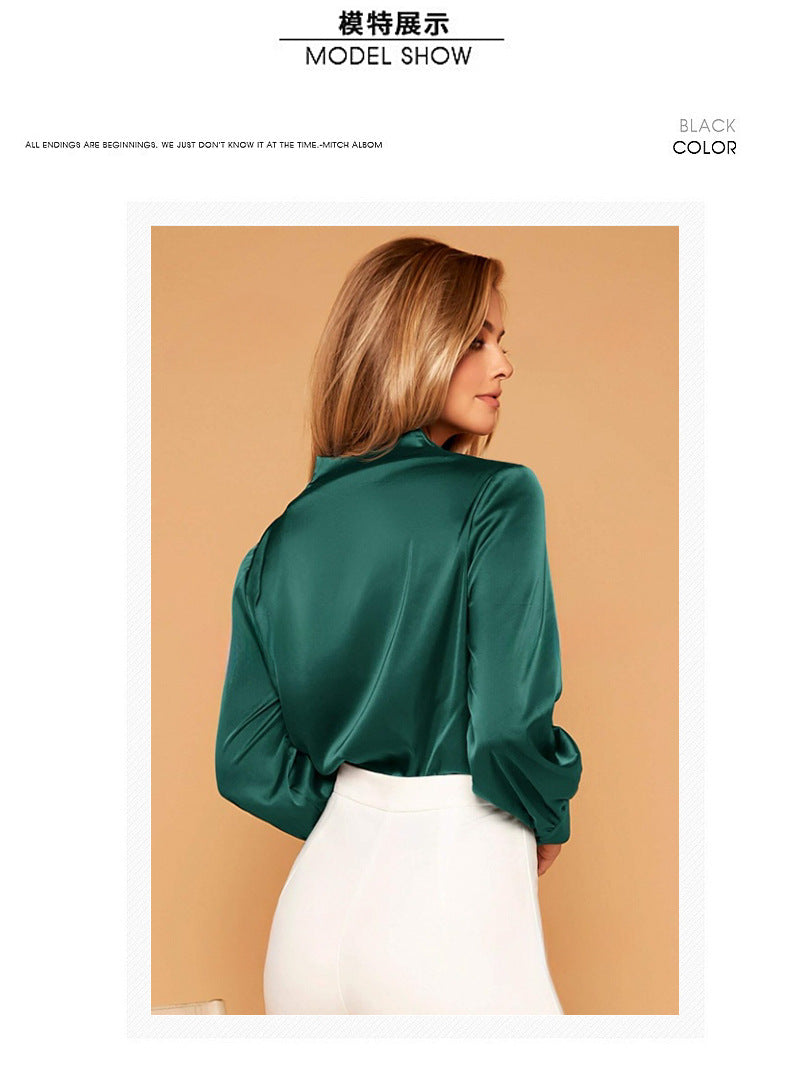 Women's Satin V-Neck Long Sleeve Shirt | Elegant Blouse Top