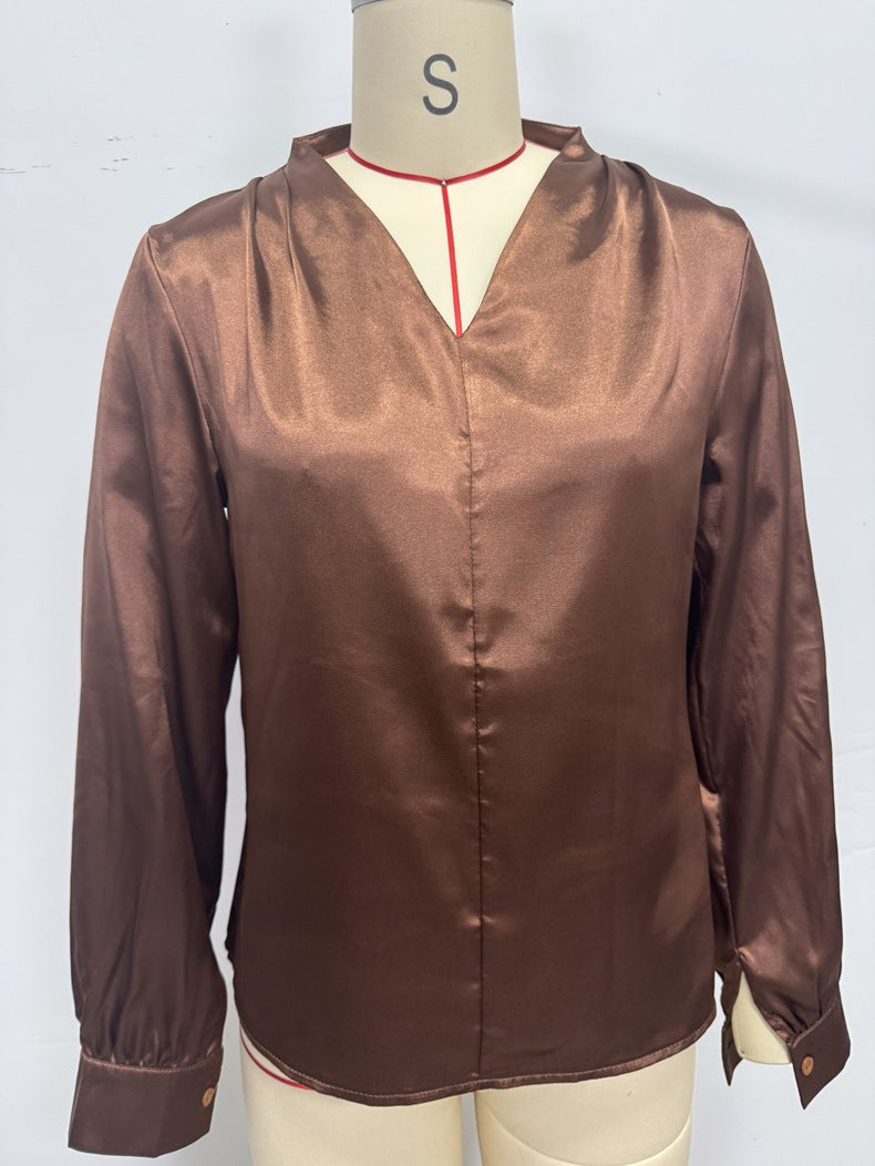 Women's Satin V-Neck Long Sleeve Shirt | Elegant Blouse Top