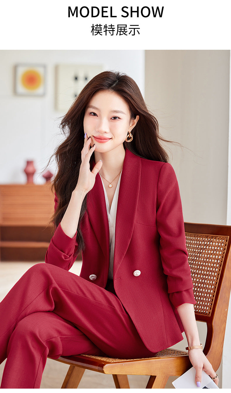 Women's Elegant Blazer Suit – Business Wear Jacket & Trousers Set | Black, Red & Apricot | 2024