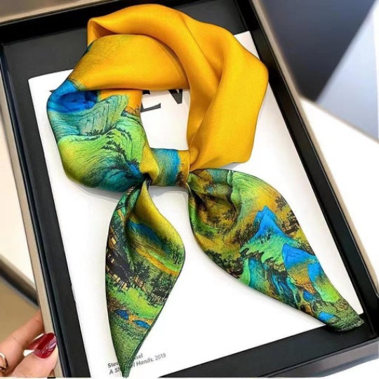 Korean Silk Square Scarf 70×70 cm – Retro Printed Women's Fashion Scarf