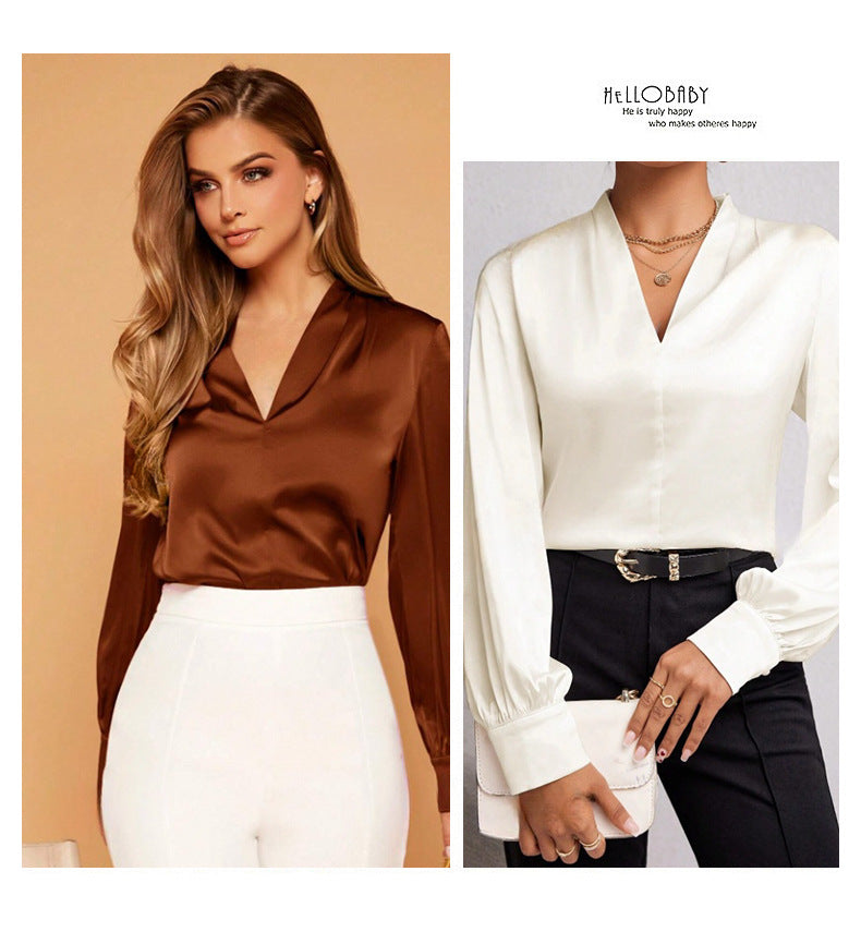 Women's Satin V-Neck Long Sleeve Shirt | Elegant Blouse Top